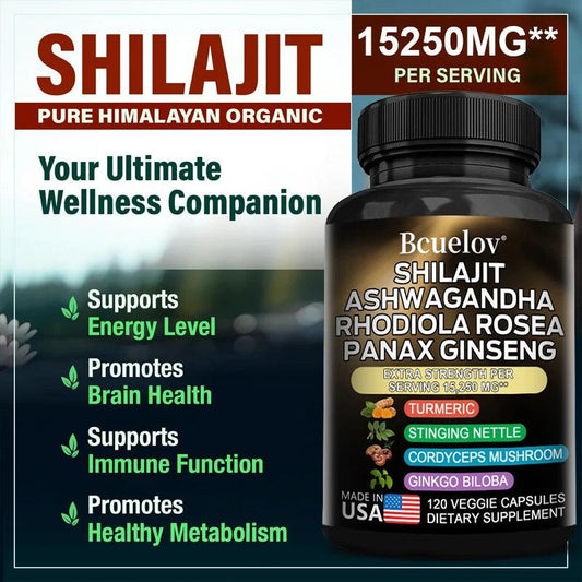 Shilajit Resin Himalaya Capsules - 15250 mg - Combination of Ashwagandha, Ginseng, Cordyceps, Ginkgo, Turmeric - MANDOTOS