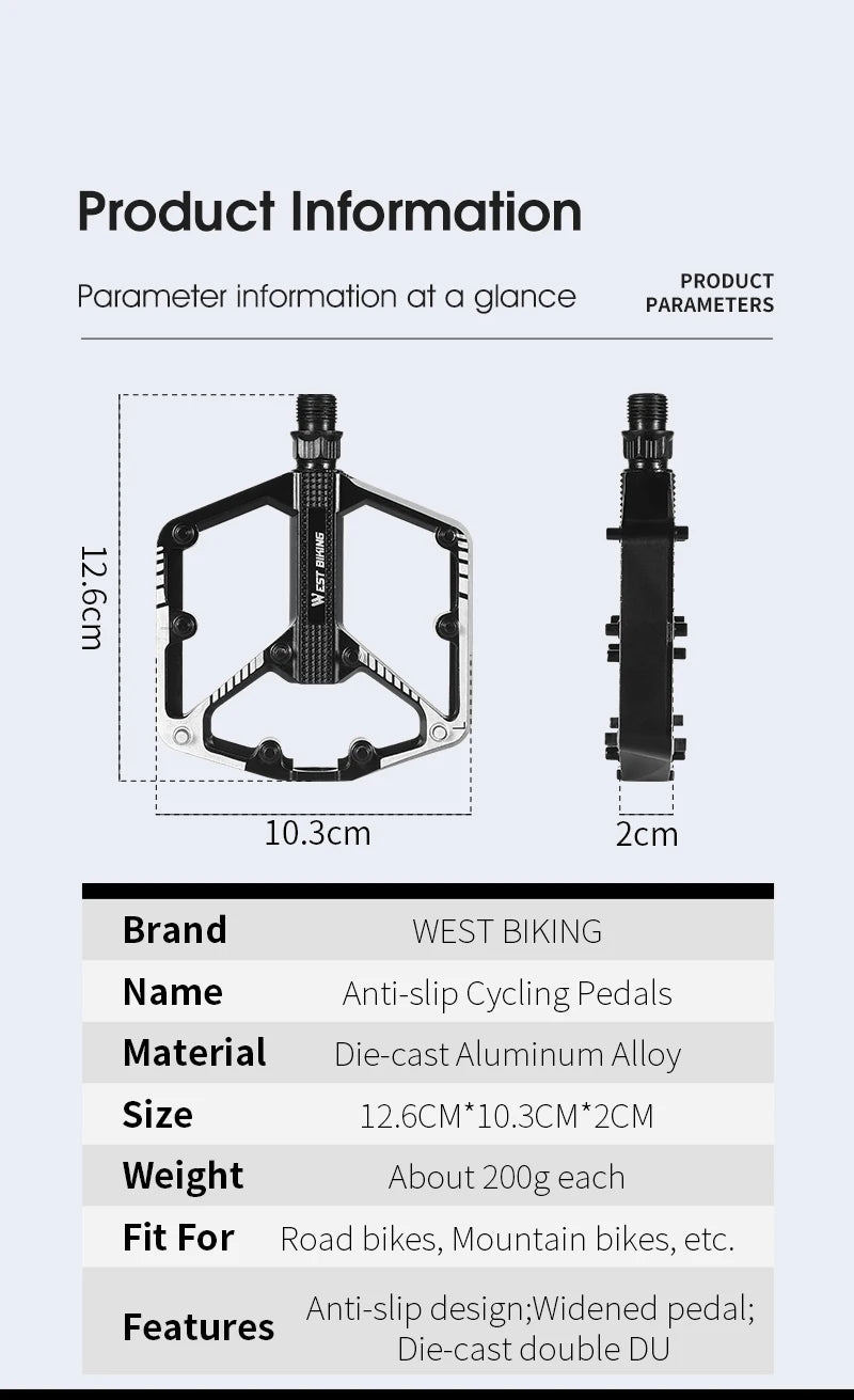 WEST BIKING Bicycle Pedals Sealed DU Bearing Nonslip Pedal Mountain Road Bike Cycling Alloy MTB Pedal Bicycle Accessories