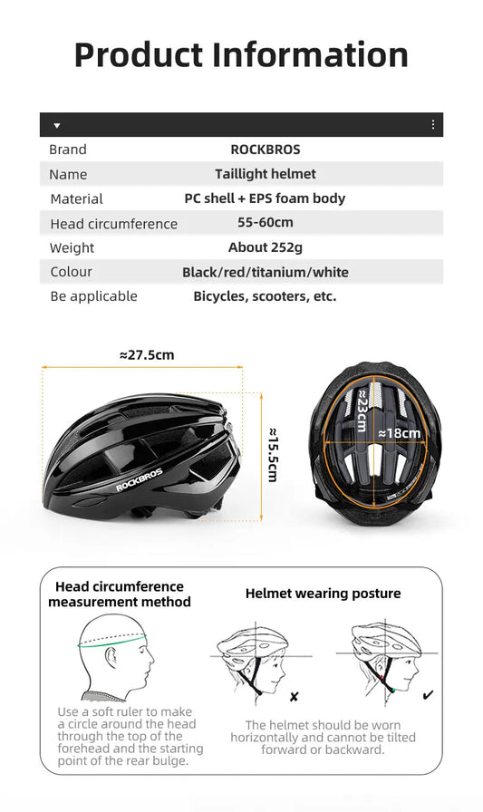 ROCKBROS Bicycle Light Helmet MTB Road USB Warning Rear Light Cycling Helmet EPS PC Intergrally-molded Safety Bike Helmet - MANDOTOS
