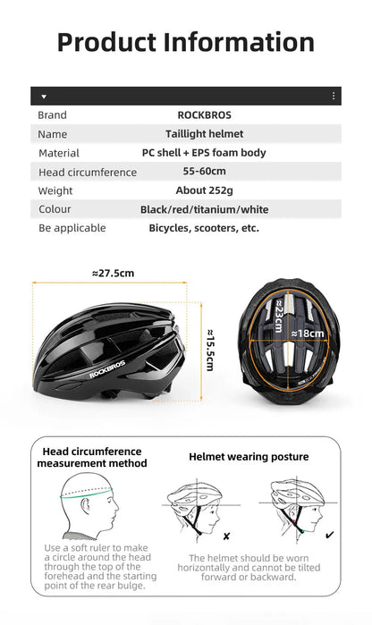 ROCKBROS Bicycle Light Helmet MTB Road USB Warning Rear Light Cycling Helmet EPS PC Intergrally-molded Safety Bike Helmet - MANDOTOS