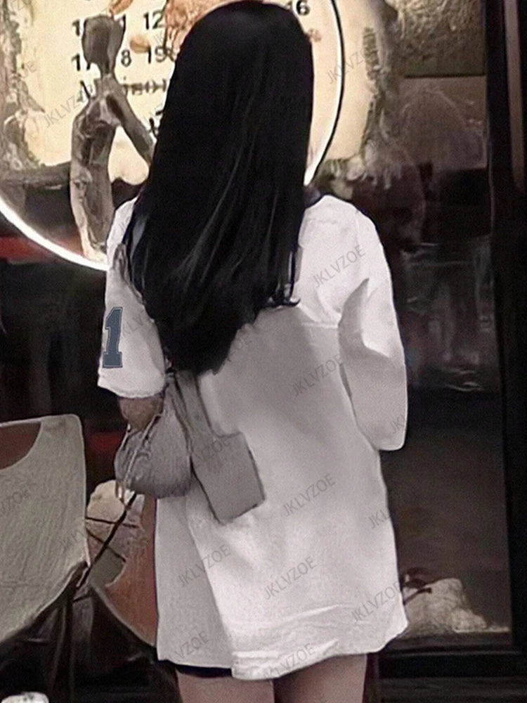 2025 Summer New Retro No.91 Printed T-Shirt For Women V-Neck Short Sleeve Sports Football Jersey Y2K Loose Oversized Tops - MANDOTOS