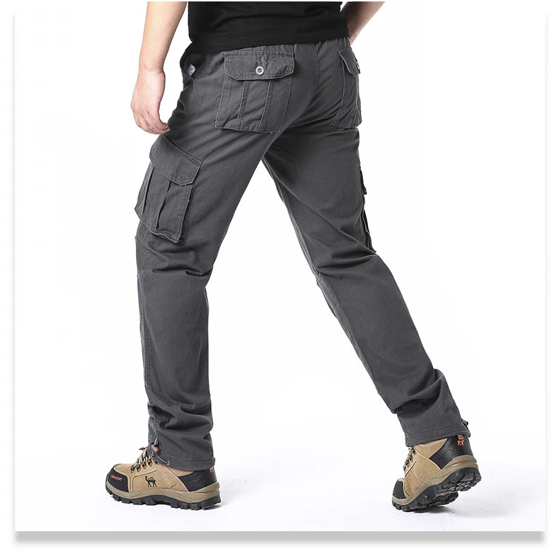 Large Pocket Loose Overalls Men's Outdoor Sports Jogging Tactical Pants Elastic Waist Pure Cotton Casual Work Pants - MANDOTOS