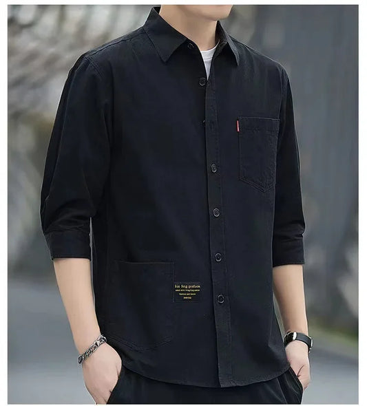 Men shirts Summer Men's clothing Short-Sleeved shirts & blouses Daily Solid Color Stand-Up Collar Casual Beach Style Male Shirt - MANDOTOS