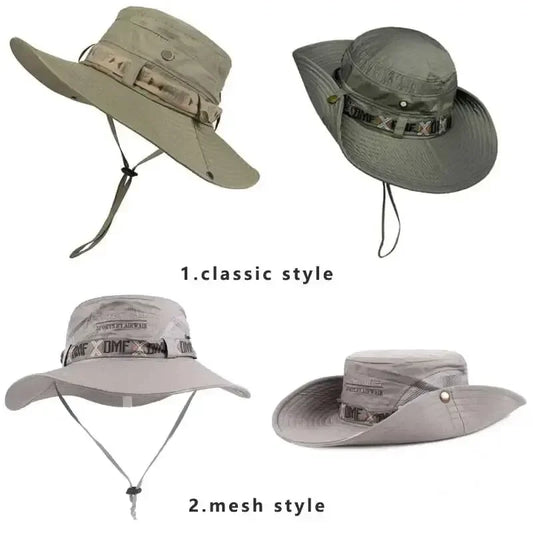 Summer Men Bucket Hat Outdoor UV Protection Wide Brim Panama Safari Hunting Hiking Hat Mesh Fisherman Hat Beach Sunscreen Cap - MANDOTOS