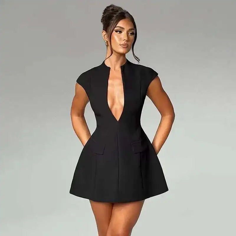 Townlike Pocket Elegant A-line Dress Women Mini 2024 Spring Summer Dress Deep V Neck Nightclub Sexy Party Dresses Vestidos - MANDOTOS
