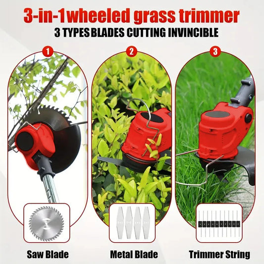 Cordless Lawn Trimmer Weed Wacker Lawn Mower Grass Edger with 2 Li-Ion Batteries Powered & 3 Cutting Blade Types - MANDOTOS