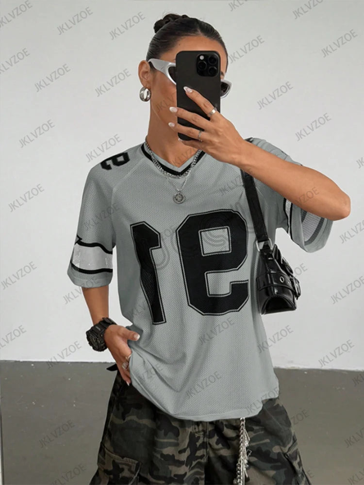 Summer New Black Speed 91 Print T-Shirt For Women V-Neck Patchwork Short Sleeve Sports Football Jersey Y2K Loose Oversized Tops - MANDOTOS