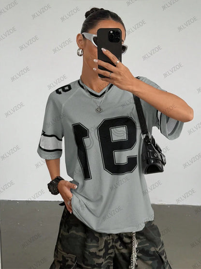 Summer New Black Speed 91 Print T-Shirt For Women V-Neck Patchwork Short Sleeve Sports Football Jersey Y2K Loose Oversized Tops - MANDOTOS