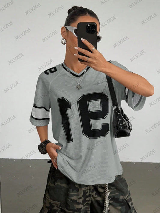 Summer New Black Speed 91 Print T-Shirt For Women V-Neck Patchwork Short Sleeve Sports Football Jersey Y2K Loose Oversized Tops - MANDOTOS