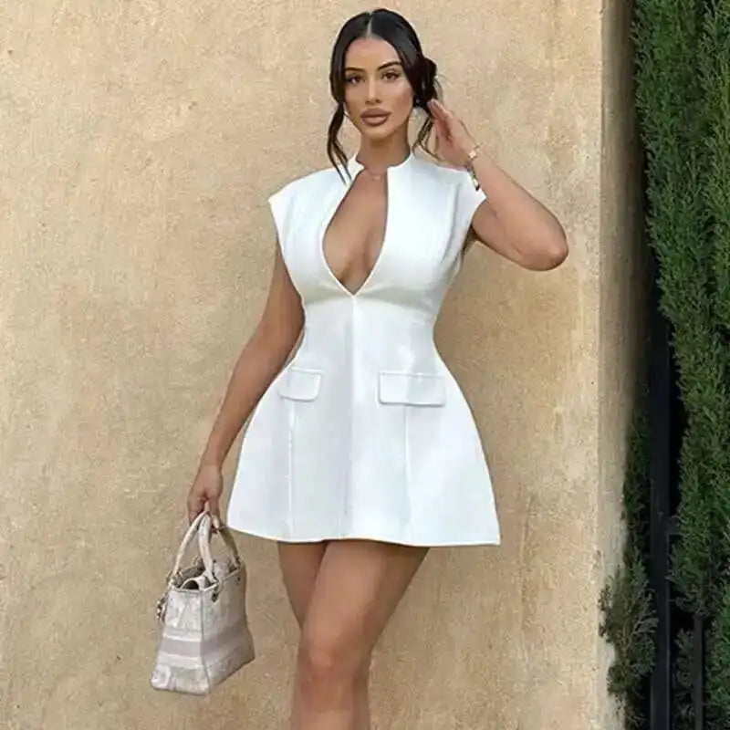 Townlike Pocket Elegant A-line Dress Women Mini 2024 Spring Summer Dress Deep V Neck Nightclub Sexy Party Dresses Vestidos - MANDOTOS