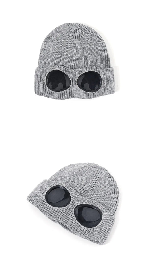 Brimless Hat With Goggles For Men And Women In Winter Hat Neutral Solid Color Skull Knitted Hat In Winter - MANDOTOS
