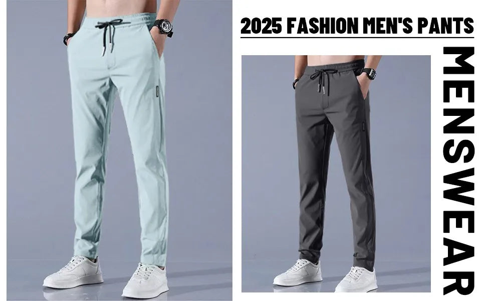 Men Fast Dry Stretch Pants Ice Silk Trousers Solid Color Mid-Waist Loose Breathable Straight-Leg Casual Pants Thin Sports Pants