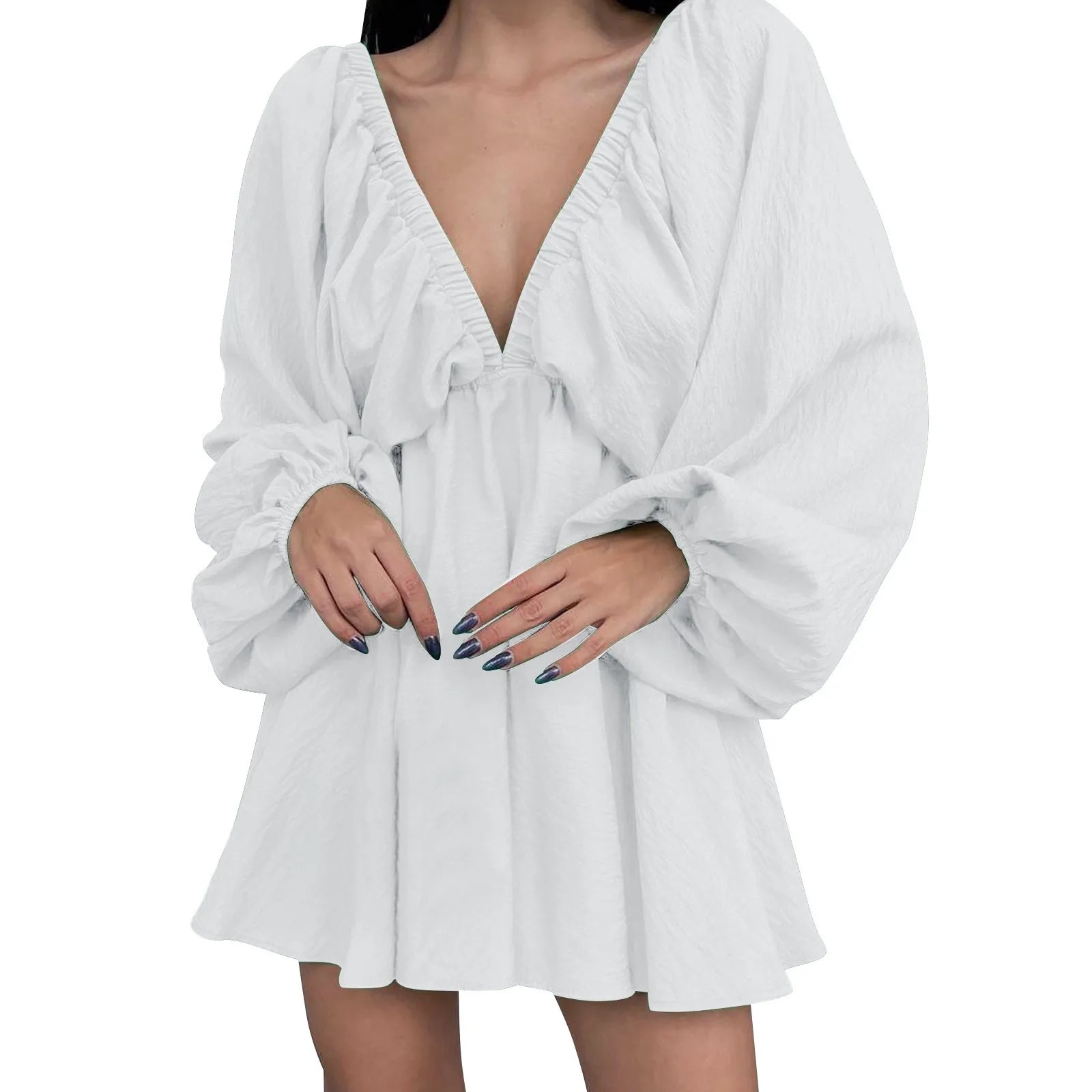 Deep V Neck Sexy Dress Temperament Retro Solid Color Pleated Dress Elegant Long Sleeve Large Size Casual Womens Dresses ropa - MANDOTOS