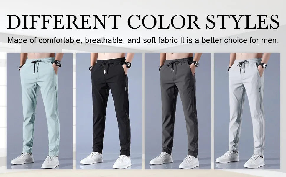 Men Fast Dry Stretch Pants Ice Silk Trousers Solid Color Mid-Waist Loose Breathable Straight-Leg Casual Pants Thin Sports Pants