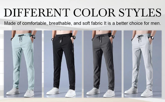 Men Fast Dry Stretch Pants Ice Silk Trousers Solid Color Mid-Waist Loose Breathable Straight-Leg Casual Pants Thin Sports Pants