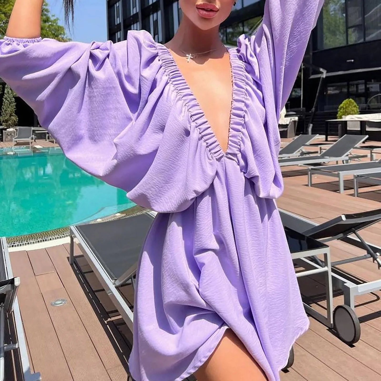 Deep V Neck Sexy Dress Temperament Retro Solid Color Pleated Dress Elegant Long Sleeve Large Size Casual Womens Dresses ropa - MANDOTOS