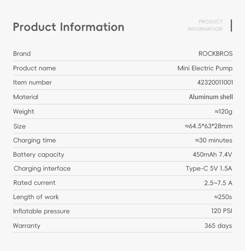 ROCKBROS Portable Mini Electric Bicycle Pump 120PSI Type-C Bike Tire Air Inflator Pump MTB Road AV FV Valve Cycling Pump - MANDOTOS