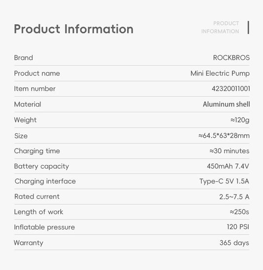 ROCKBROS Portable Mini Electric Bicycle Pump 120PSI Type-C Bike Tire Air Inflator Pump MTB Road AV FV Valve Cycling Pump - MANDOTOS