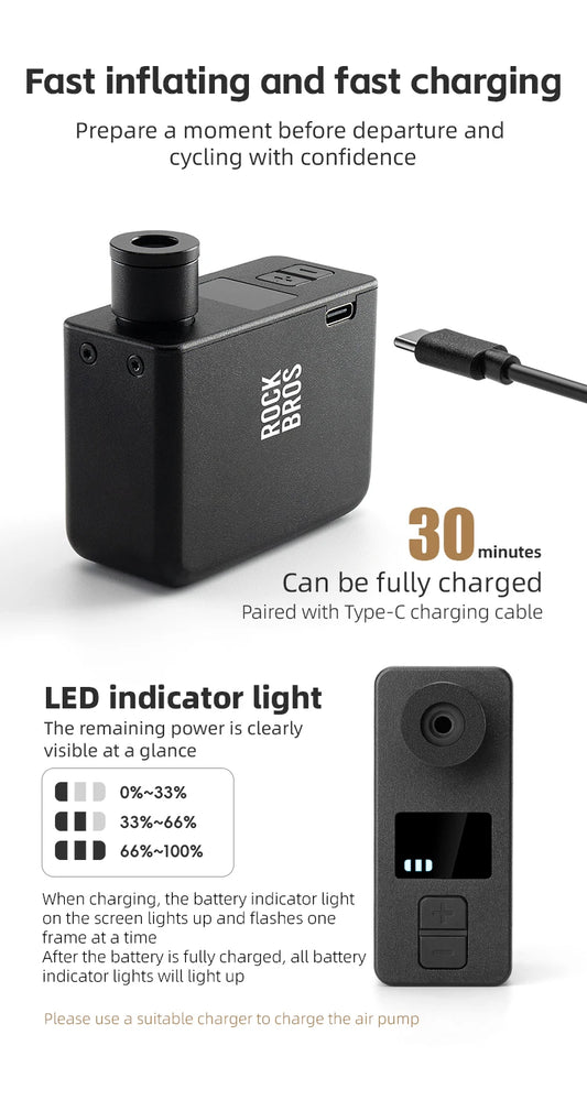ROCKBROS Portable Mini Electric Bicycle Pump 120PSI Type-C Bike Tire Air Inflator Pump MTB Road AV FV Valve Cycling Pump - MANDOTOS