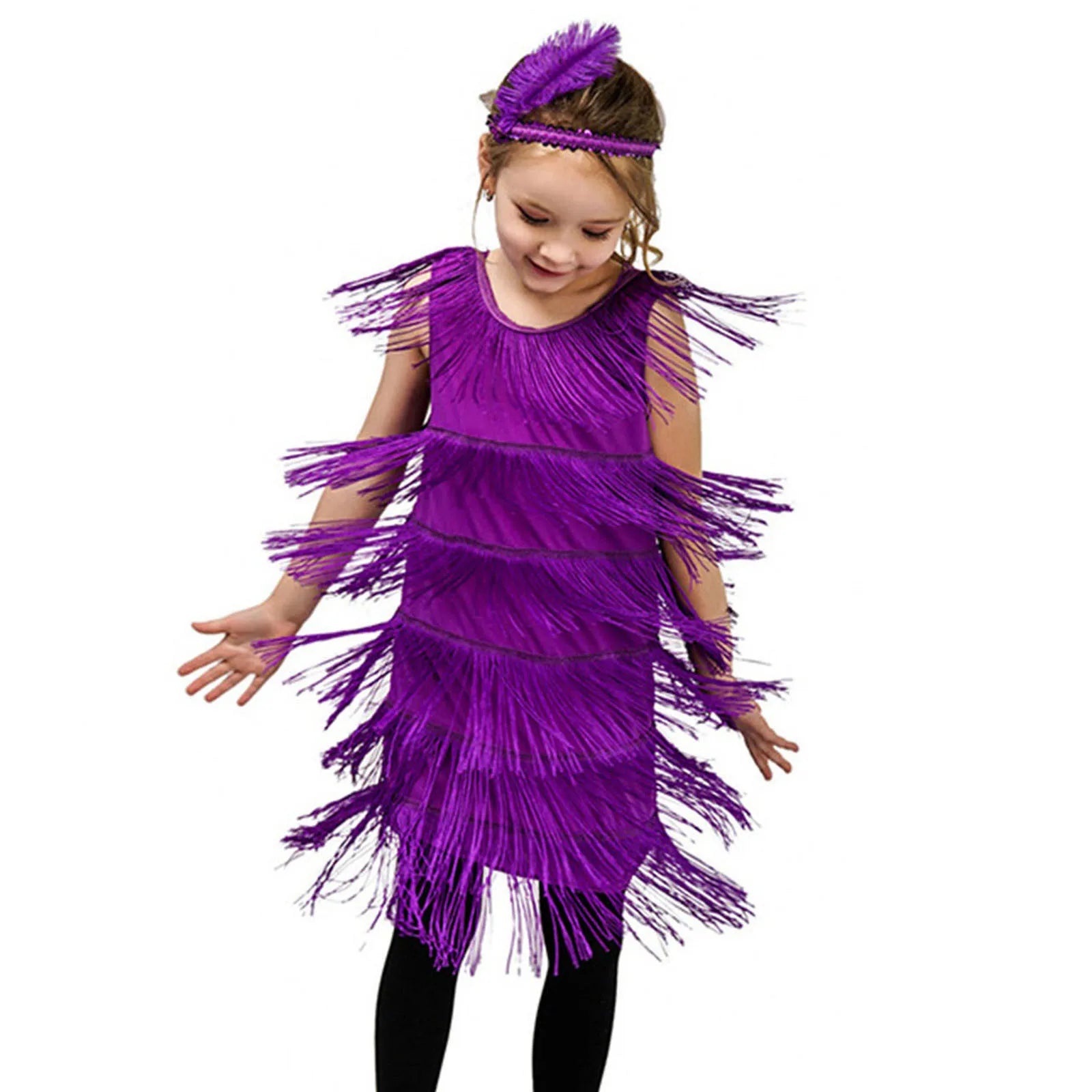 Girl Party Dress Girls Flapper Dress Carnival Sequins Fringe Latin Dance Dress Tassel Tango Dress Ballroom Costume With Feather - MANDOTOS