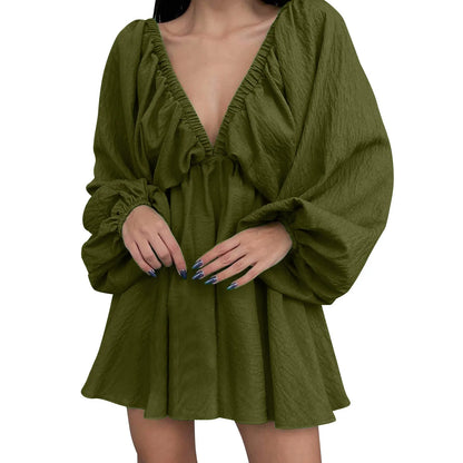 Deep V Neck Sexy Dress Temperament Retro Solid Color Pleated Dress Elegant Long Sleeve Large Size Casual Womens Dresses ropa - MANDOTOS