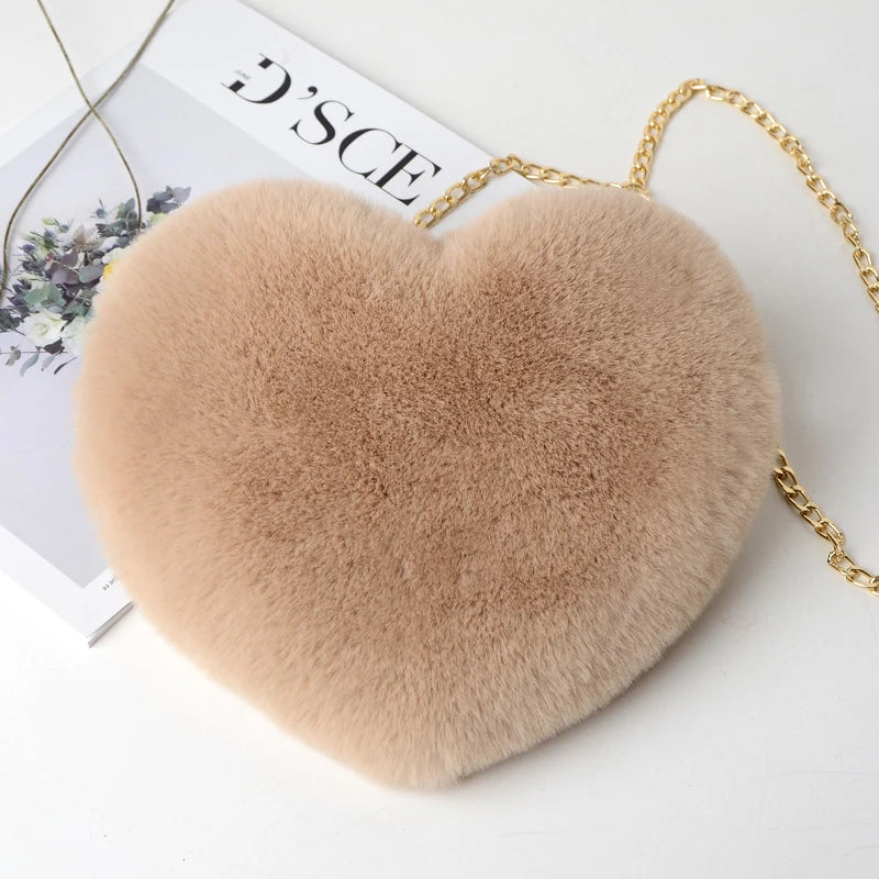 Fashion Women's Heart Shaped Handbags Cute Faux Fur Crossbody Bags Lady Soft Plush Chain Shoulder Bag Shopper Totes - MANDOTOS