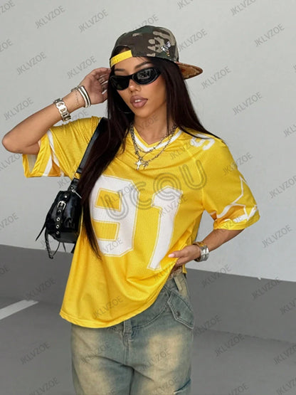 Summer New Black Speed 91 Print T-Shirt For Women V-Neck Patchwork Short Sleeve Sports Football Jersey Y2K Loose Oversized Tops - MANDOTOS