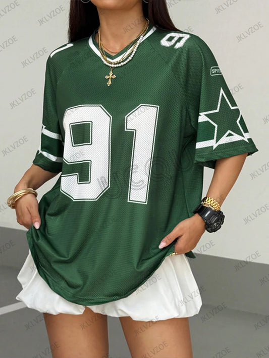 Summer New Black Speed 91 Print T-Shirt For Women V-Neck Patchwork Short Sleeve Sports Football Jersey Y2K Loose Oversized Tops - MANDOTOS