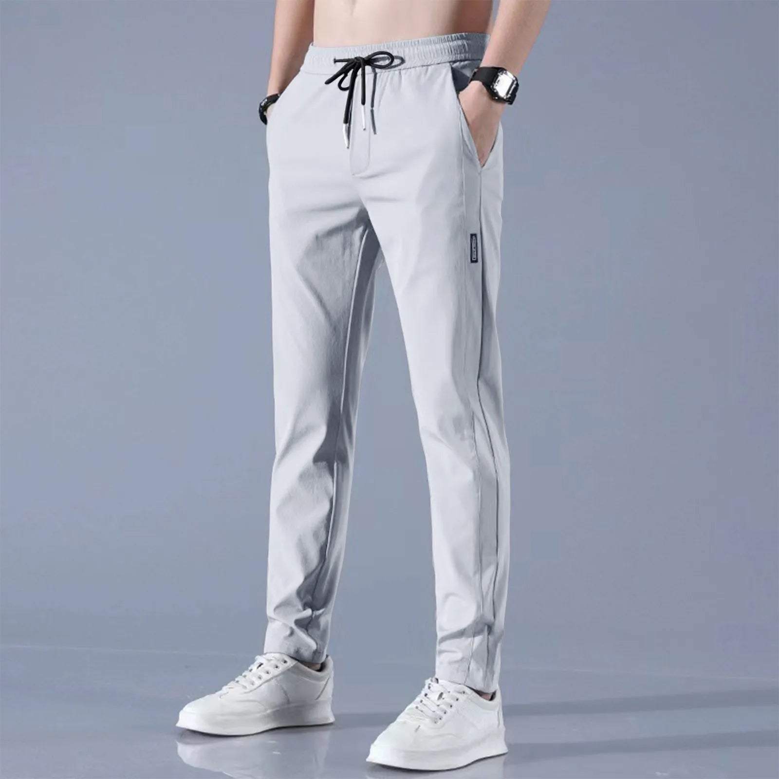 Men Fast Dry Stretch Pants Ice Silk Trousers Solid Color Mid-Waist Loose Breathable Straight-Leg Casual Pants Thin Sports Pants