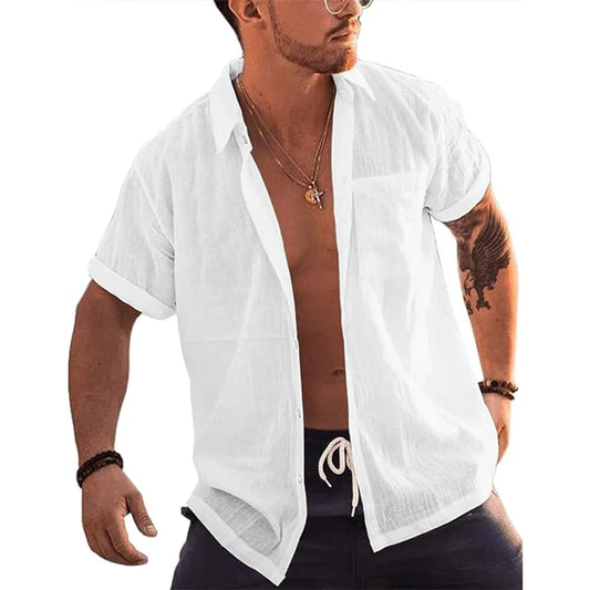 Mens Short Sleeve Button Up Shirts Linen Cotton Beach Tops Turn Down Collar Summer T Shirt with Pocket - MANDOTOS