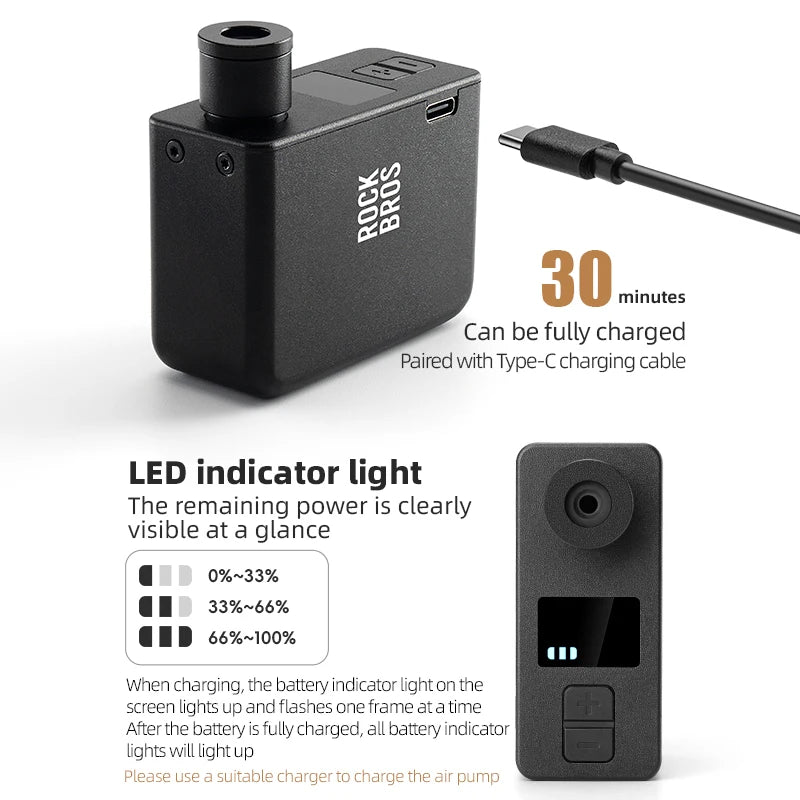 ROCKBROS Portable Mini Electric Bicycle Pump 120PSI Type-C Bike Tire Air Inflator Pump MTB Road AV FV Valve Cycling Pump - MANDOTOS