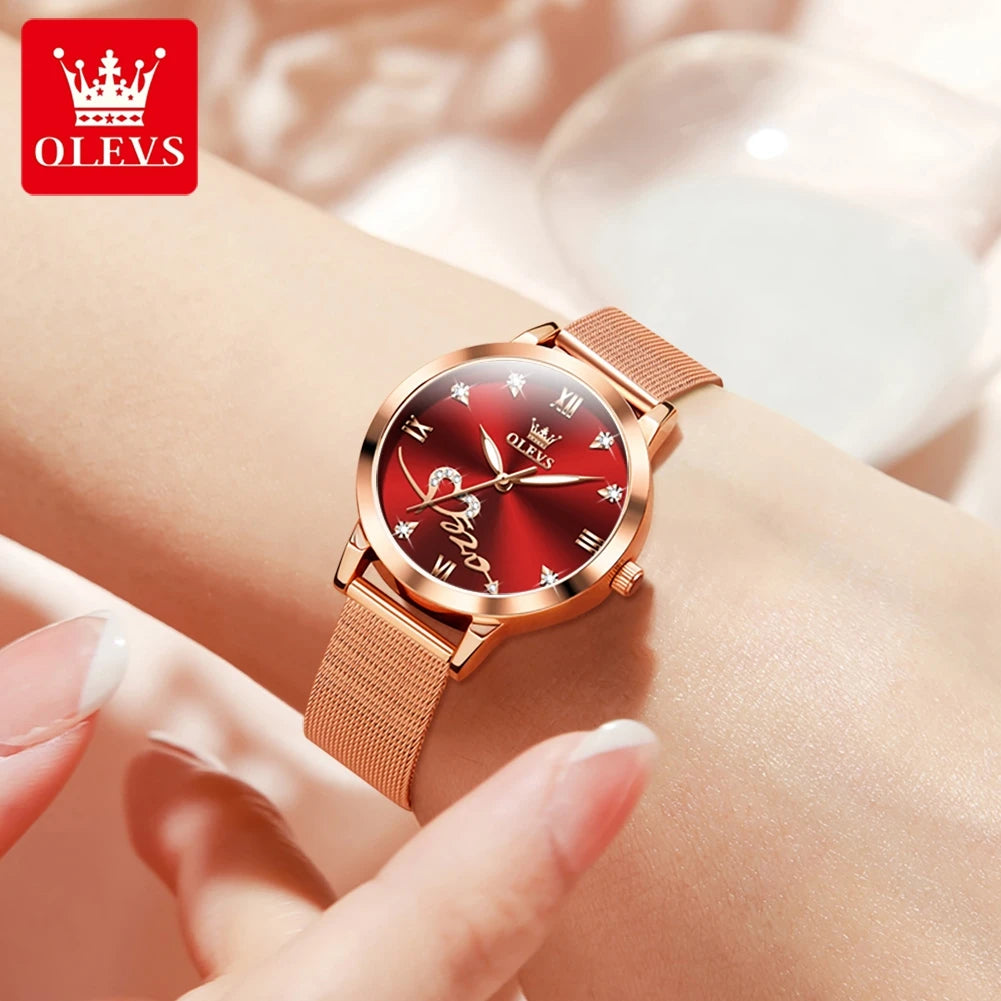 OLEVS Luxury Fashion Ladies' Watches Rose Gold Top Brand Original Quartz Watch for Women Stainless Steel Mesh Strap Love Dial