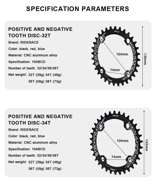 RIDERACE Bicycle Crank Chainring 104BCD Round Shape Narrow Wide 32T/34T/36T/38T Mountain Bike Crankset Chainwheel Single Plate