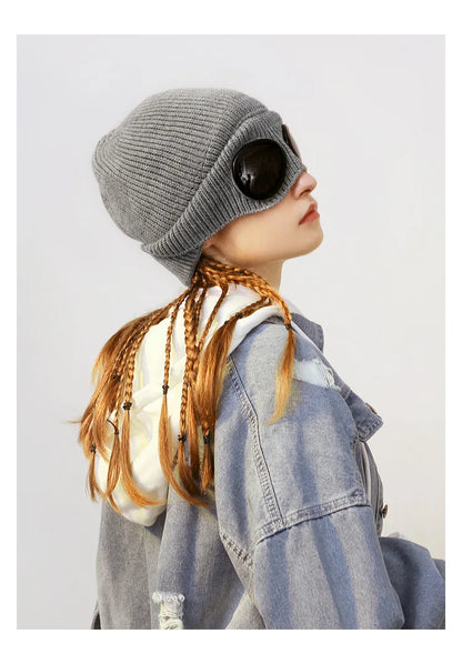 Brimless Hat With Goggles For Men And Women In Winter Hat Neutral Solid Color Skull Knitted Hat In Winter - MANDOTOS