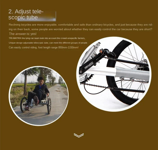 Lying on a tricycle, 3 shifting disc brakes, folding on a recumbent bike, casual commuting, riding a recumbent bicycle