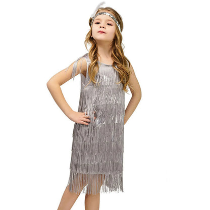 Girl Party Dress Girls Flapper Dress Carnival Sequins Fringe Latin Dance Dress Tassel Tango Dress Ballroom Costume With Feather - MANDOTOS