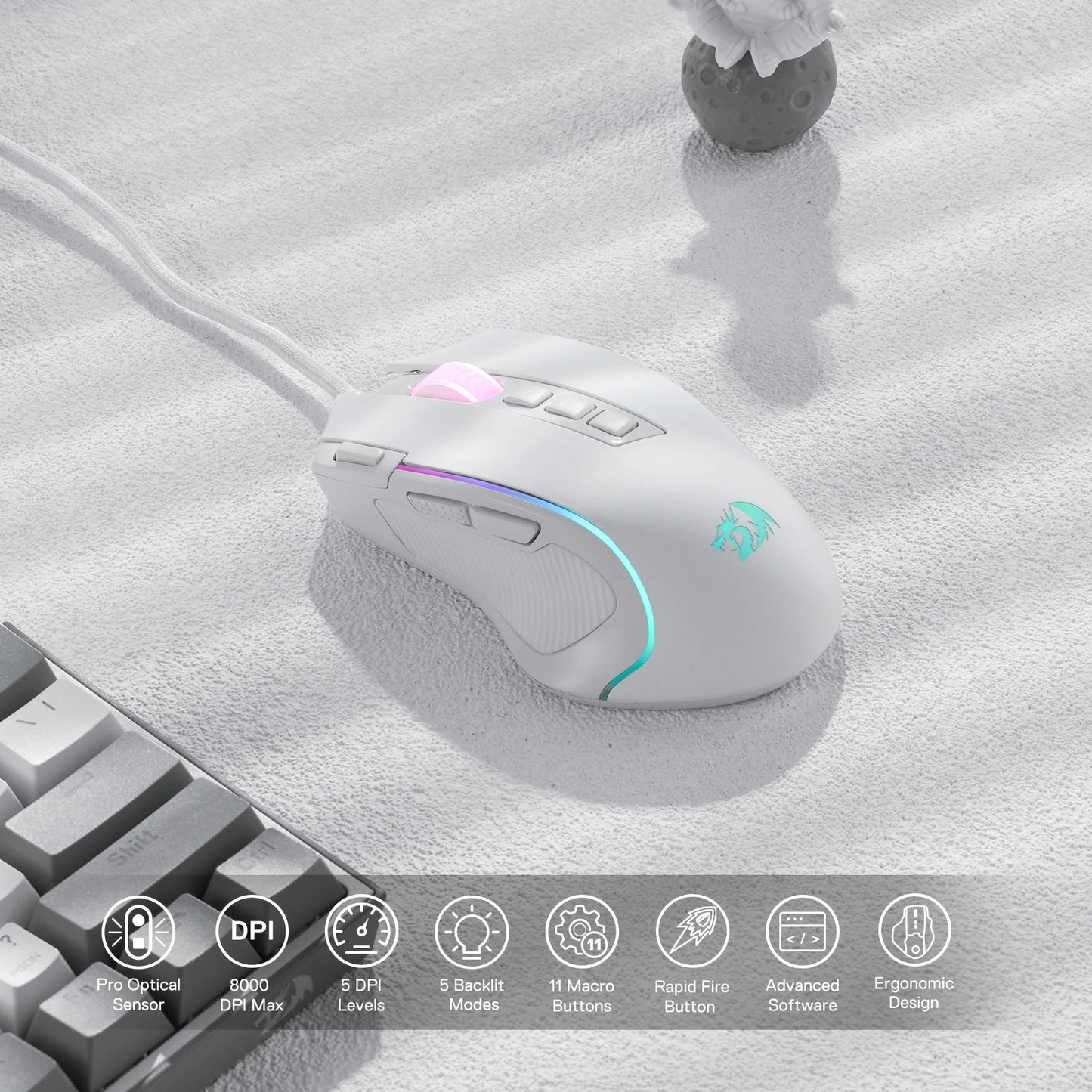 Redragon M612 Predator RGB Gaming Mouse 8000 DPI Wired Optical with 11 Programmable Buttons, White - MANDOTOS
