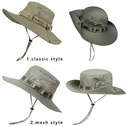 Summer Men Bucket Hat Outdoor UV Protection Wide Brim Panama Safari Hunting Hiking Hat Mesh Fisherman Hat Beach Sunscreen Cap - MANDOTOS