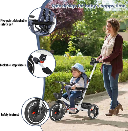 Ubravoo Baby Stroller Tricycle Ride Bike , 5-in-1, Adjustable Canopy, Sitting & Lying,Celerity Disassembly & Assembly,1-5 Years - MANDOTOS