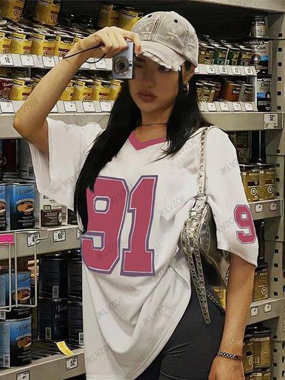 2025 Summer New Retro No.91 Printed T-Shirt For Women V-Neck Short Sleeve Sports Football Jersey Y2K Loose Oversized Tops - MANDOTOS