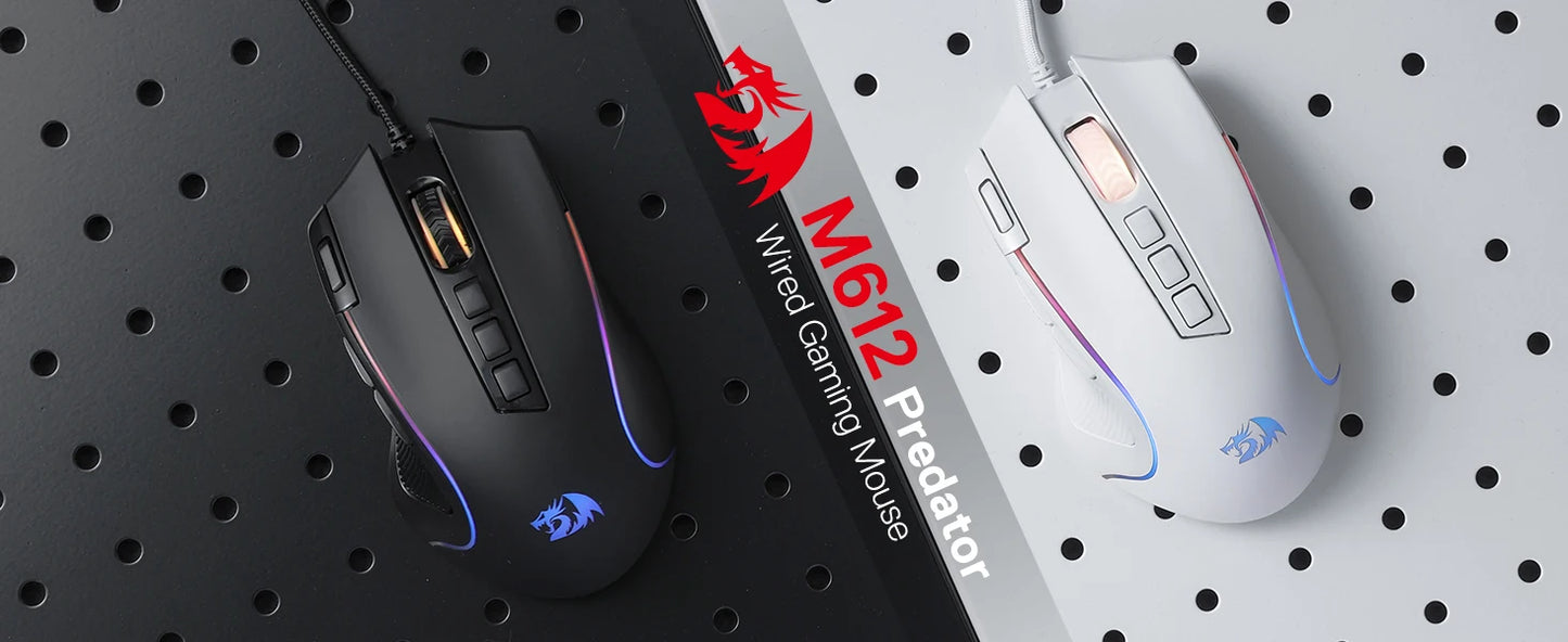 Redragon M612 Predator RGB Gaming Mouse 8000 DPI Wired Optical with 11 Programmable Buttons, White - MANDOTOS
