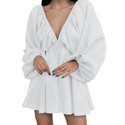 Deep V Neck Sexy Dress Temperament Retro Solid Color Pleated Dress Elegant Long Sleeve Large Size Casual Womens Dresses ropa - MANDOTOS