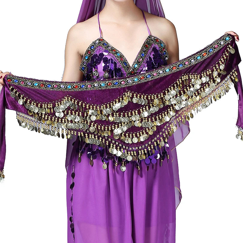 1PC New Style Belly Dance Belt Newest Multi-color Glass Silk Velvet Dancing Belt Scarf Crystal BellyDance Waist Chain Hip Scarf - MANDOTOS