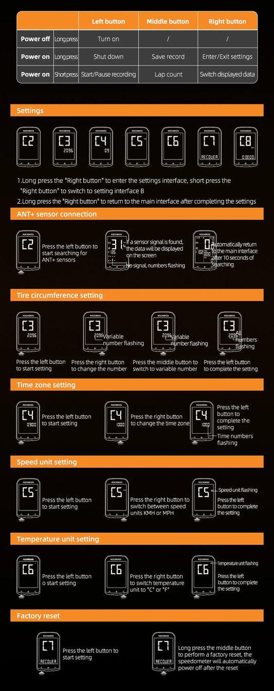 ROCKBROS Bicycle Computer GPS 5.0 ANT Bluetooth Waterproof Wireless Cyclocomputer Speedometer Bike Stopwatch Bike Accessories - MANDOTOS