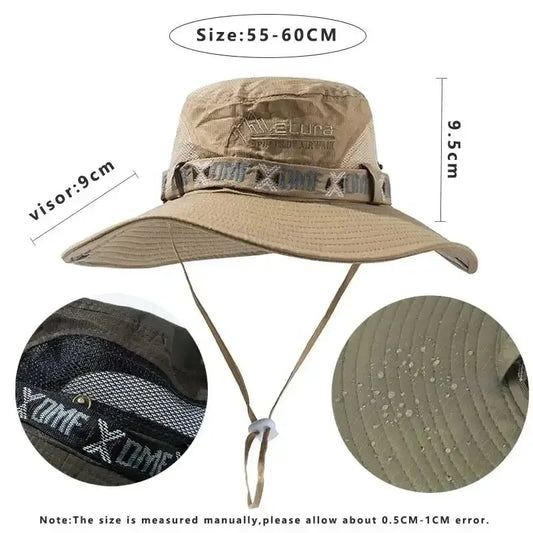 Summer Men Bucket Hat Outdoor UV Protection Wide Brim Panama Safari Hunting Hiking Hat Mesh Fisherman Hat Beach Sunscreen Cap - MANDOTOS