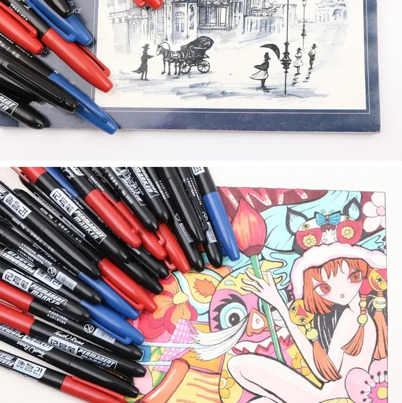 6PCs/Set Permanent Marker Pen Fine Point Waterproof Markers Thin Nib Crude Nib Black Blue Red Ink 1.5mm Fine Color Marker Pens