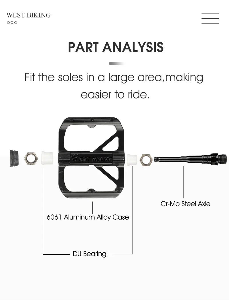 WEST BIKING Bicycle Pedals Sealed DU Bearing Nonslip Pedal Mountain Road Bike Cycling Alloy MTB Pedal Bicycle Accessories