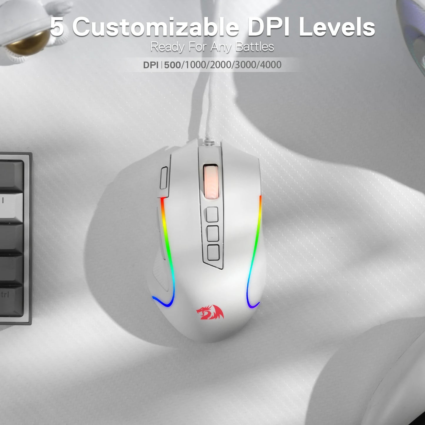 Redragon M612 Predator RGB Gaming Mouse 8000 DPI Wired Optical with 11 Programmable Buttons, White - MANDOTOS