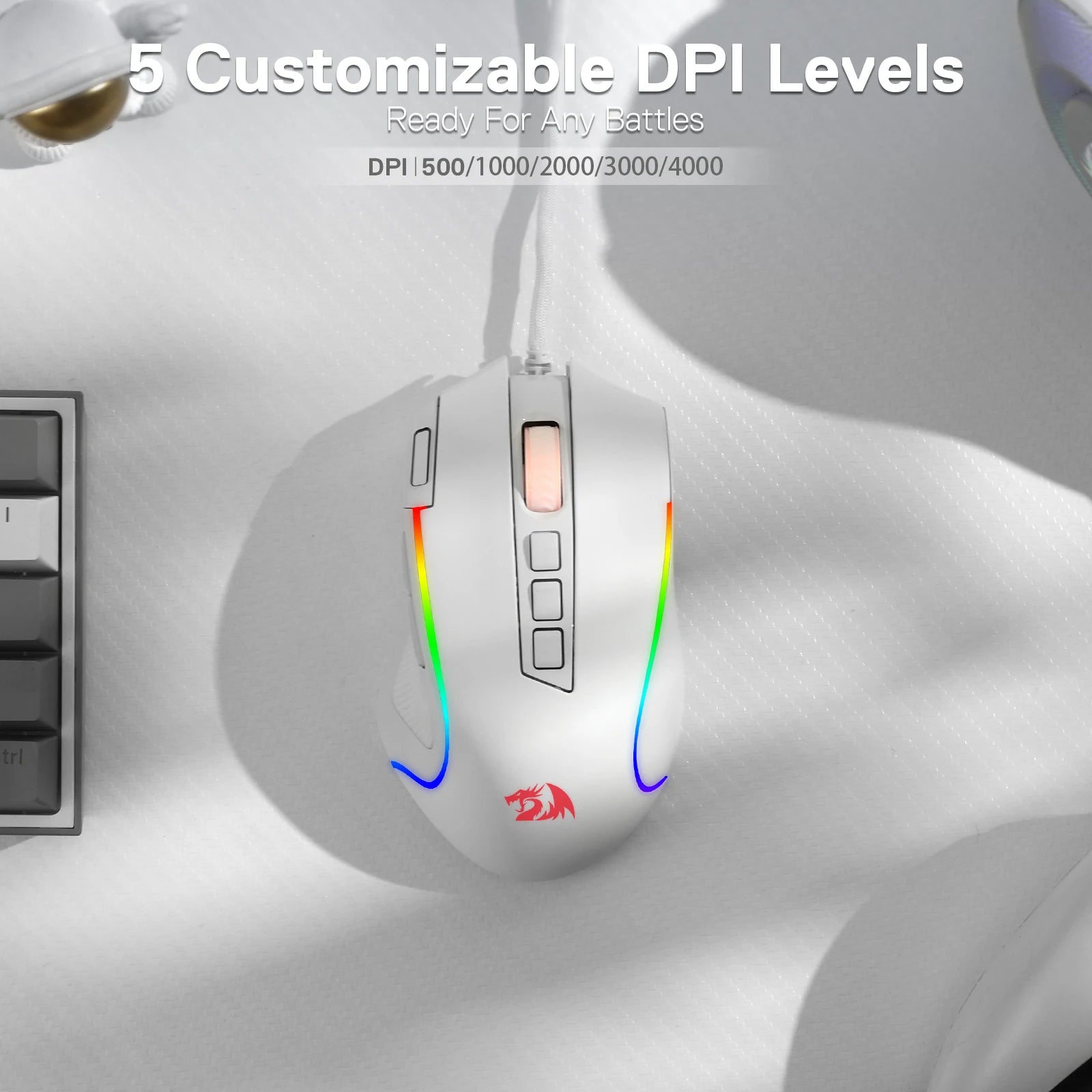 Redragon M612 Predator RGB Gaming Mouse 8000 DPI Wired Optical with 11 Programmable Buttons, White - MANDOTOS