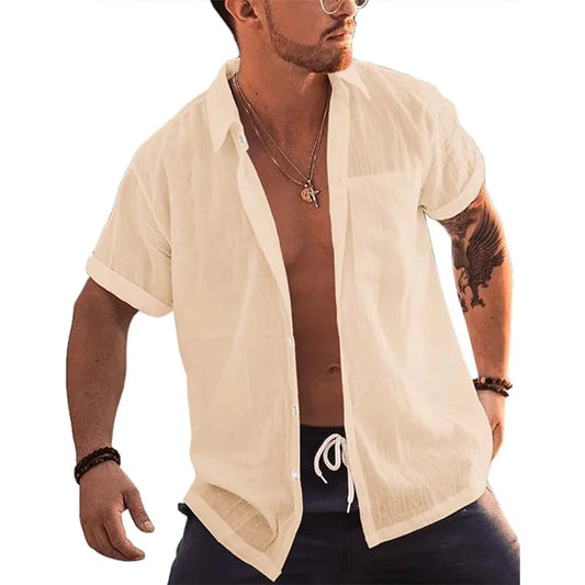 Mens Short Sleeve Button Up Shirts Linen Cotton Beach Tops Turn Down Collar Summer T Shirt with Pocket - MANDOTOS